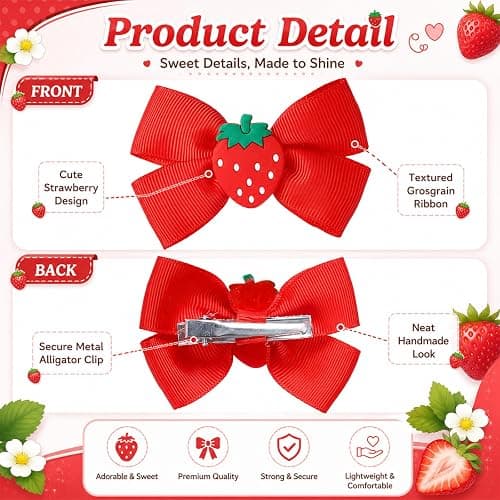 4 Pcs Strawberry Hair Clips Cute Sweet Cherry Hair Bows | Strawberry Hair Accessories for Baby Toddlers Girls Teens Christmas Halloween thumbnail 3