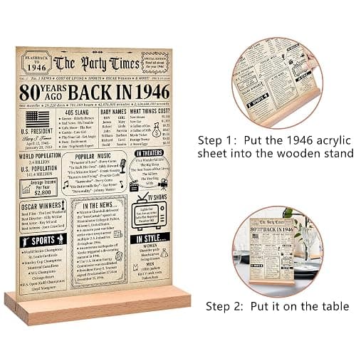 Trgowaul Vintage 80th Birthday Back in 1946 Poster Acrylic Table Sign | 80th Birthday Decorations for Women Men, 80 Anniversary Decoration Gifts, Retro 80 Year Old 1946 Themed Party Supplies Decor thumbnail 2