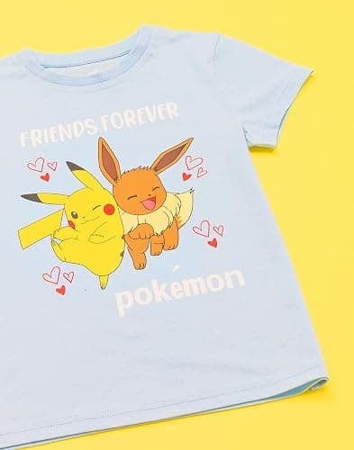 Pokemon T-Shirt Girls Kids Pikachu Eevee Friends Pink Or Blue Character Top - 5-6 Years - Blue thumbnail 6
