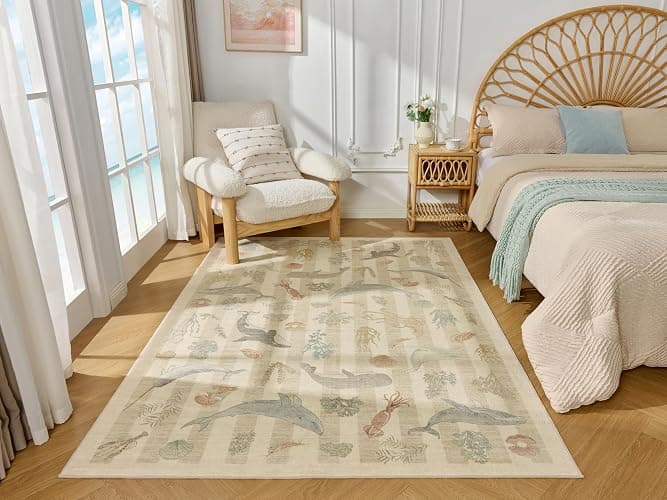 Weaverlane Whales Coastal Washable Nursery Rug Beige (Taupe, 5' x 7') | Soft Faux Wool Stain Resistant Rug Non-Slip Backing for Playroom Bathroom Living Room Bedside Beachy Cute Nautical Neutral thumbnail 2