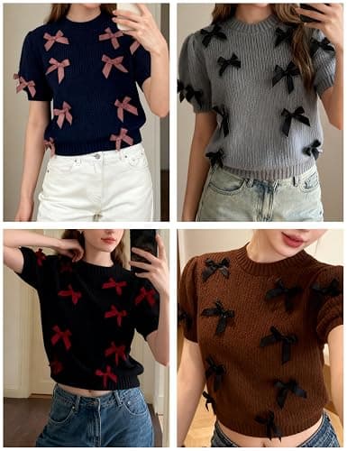 Vimida Women's Sweaters Knitted Crewneck Puff Bubble Short Sleeve Pullover Tops Casual Bow T Shirts Chic Blouses thumbnail 6