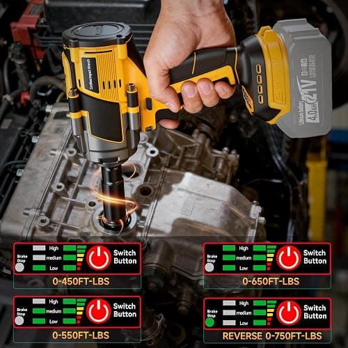 Cordless Impact Wrench 1/2" Compatible with DeWalt 20V Battery – 750 Ft-lbs (1000Nm) High Torque Brushless Motor, 4-Speed Impact Gun with LED Light (Tool Only) thumbnail 5