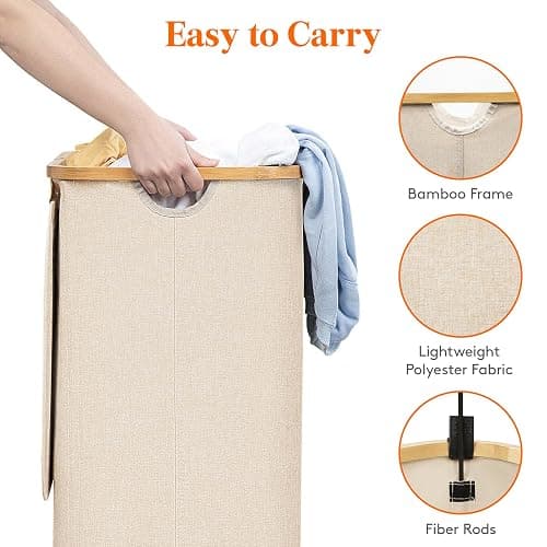Lifewit 100L Laundry Basket with Lid, Clothes Hampers for Laundry with Bamboo Handles and 1 Removable Bag, Large Foldable Laundry Hamper for Bedroom, Bathroom, Dorm, Laundry Room, Beige thumbnail 6