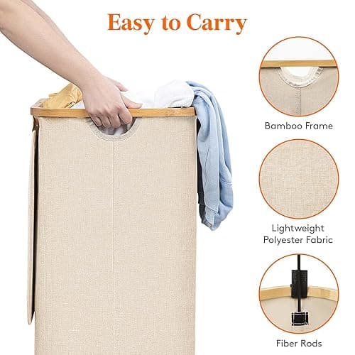 Lifewit 100L Laundry Basket with Lid, Clothes Hampers for Laundry with Bamboo Handles and A Removable Bag, Large Foldable Laundry Hamper for Bedroom, Bathroom, Dorm, Laundry Room, Beige - Beige - 100L thumbnail 5