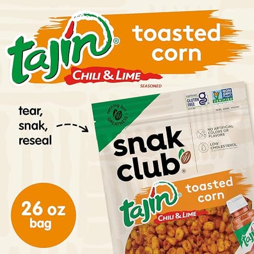 Snak Club Tajin Toasted Corn, Roasted Corn Nuggets with Chili and Lime Seasoning, Mild, Non-GMO, Gluten-Free, Kosher Snack, No Artificial Colors or Flavors, Low Cholesterol, 26 oz Resealable Bag thumbnail 3