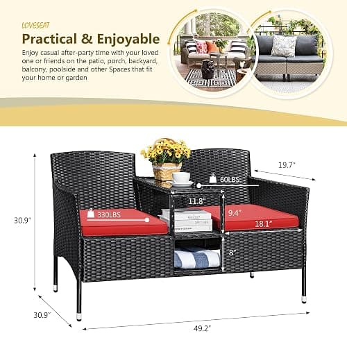 Devoko Outdoor Patio Loveseat Modern Rattan 2-Seat Patio Conversation Set with Cushions & Built-in Coffee Table Porch Furniture for Garden Lawn Backyard (Red) thumbnail 3