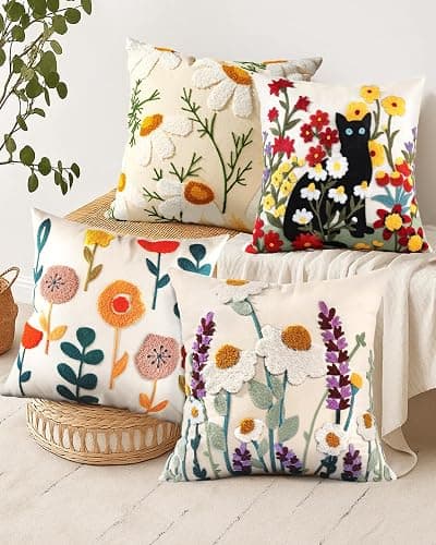 Kokaaee Embroidered Throw Pillow Covers 18x18 Inch - Set of 2 Summer Decorative Pillow Covers with Zipper Aesthetic Cute Design Throw Pillowcases for Couch Sofa Bed, Daisy thumbnail 2