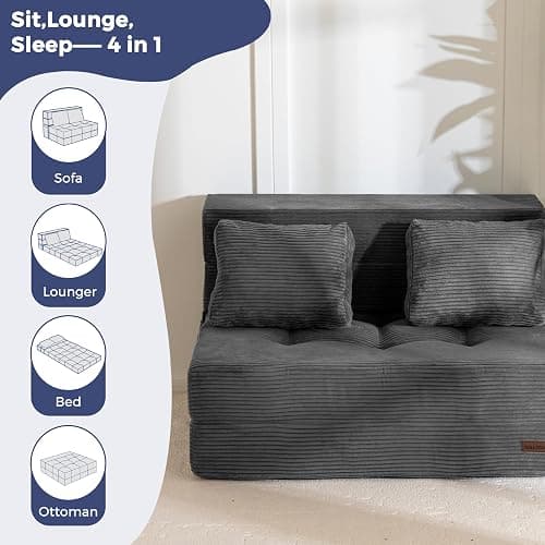 MAXYOYO Convertible Sofa Bed, Fold Out Sofa Couch with Pillow for Adults | Loveseat Sofa 4 in 1 Tufted Folding Couch Bed Foam Floor Couch, Lazy Chair for Living Room Bedroom Guest Room, Dark Grey thumbnail 8