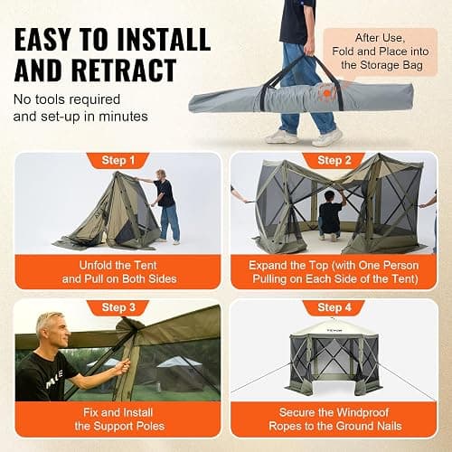 VEVOR Pop Up Gazebo Screen Tent 6 Sided Canopy Sun Shelter with 6 Removable Privacy Wind Cloths & Mesh Windows, 10x10FT Quick Set Screen Tent with Mosquito Netting, Army Green thumbnail 8