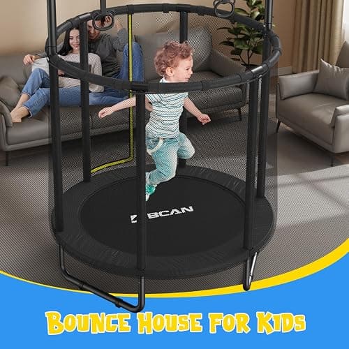 BCAN 60''/55" Mini Trampoline for Ages 1 to 8 Kid, 5FT Toddler Trampoline - Indoor/Outdoor Use with Enclosure Net, Adjustable Gymnastics Bars, Basketball Hoop, Gifts for Boys & Girls - 55IN - 55-BLACK thumbnail 5