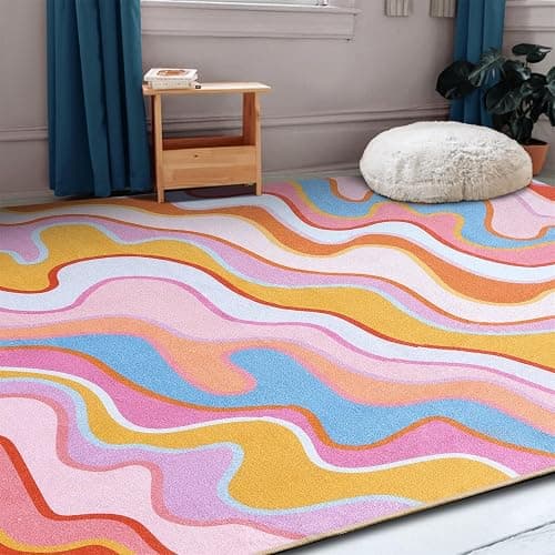 Aldopein Vintage Abstract 4x6 Area Rug Ultra Thin Flatweave Funky Aesthetic Colorful Striped Bedroom Rug Washable Throw Carpet for Kitchen Entryway Nursery Living Room, Orange and Blush thumbnail 3