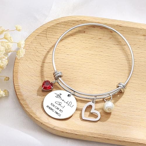 Personalized Birthstone Pendant Bangle Bracelet for Her, Birthday Present, Friendship Gift for Bestie, Encouragment Gift for Her thumbnail 3