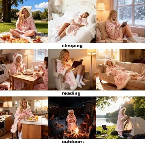 CHERSE Cute Cartoon Winter Hooded Nightgown Pajama Set Robe Snuggie Wearable Blanket Hoodie for Women Pink Bow thumbnail 4