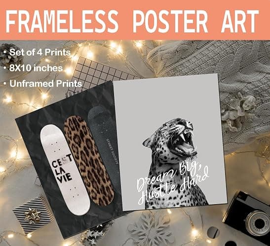 KDHTY Vintage Cheetah Room Decor Y2k,Lucky 8 Leopard Skateboard Black and White Wall Art,Preppy Cheetah Room Decor College Dorm Bedroom Bathroom,Girl Aesthetic,8x10 Unframed Set of 4 thumbnail 2