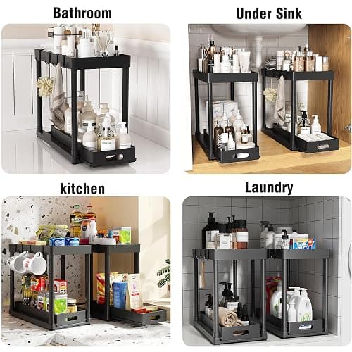 POUGNY 2 Pack Pull-Out Storage Organizers, Under Sink Organizer and Storage for Bathroom & Kitchen,Multi-Purpose Under Cabinet Organizers and storage Black thumbnail 6