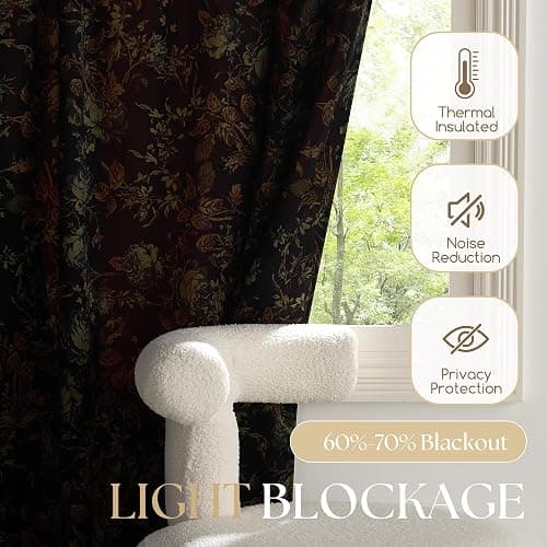 StangH Vintage Floral Tie Up Curtains for Living Room, Black Flower Patterned Light Blocking Velvet Drapes Thermal Insulated Farmhouse Drapes for Bedroom Home Office, W46 x L63, 1 Panel thumbnail 6