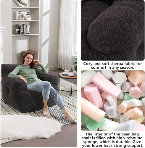 Recaceik Bean Bag Chairs, Tufted Soft Stuffed Bean Bag Chair with Filler, Fluffy Lazy Sofa, Imperial Lounger Giant Bean Bag Chair for Bedroom, Living Room, Dark Black thumbnail 5