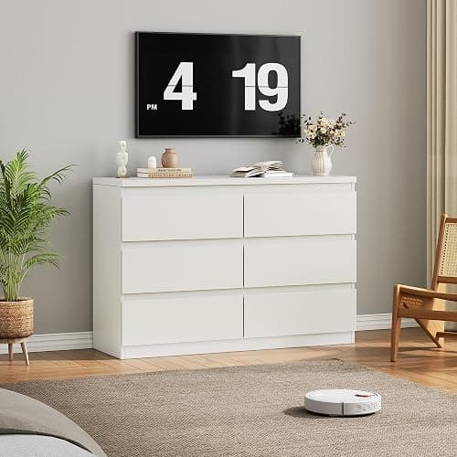 Jocoevol White 6 Drawer Dresser for Bedroom, 15.3" D x 47.2" W x 32.3" H in Simply Modern Chest of Drawers, Wood Storage Double Dresser with Deep Drawers for Living Room, Hallway Entryway, White thumbnail 7