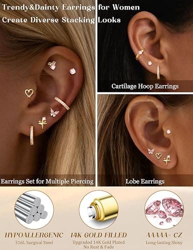 Kakonia Hypoallergenic Flat Back Earrings for Women Men Surgical Steel Earring for Sensitive Ears, 14K Gold Plated Stainless Steel Flatback Stud Hoop Cartilage Earring Stacks for Multiple Piercing thumbnail 2