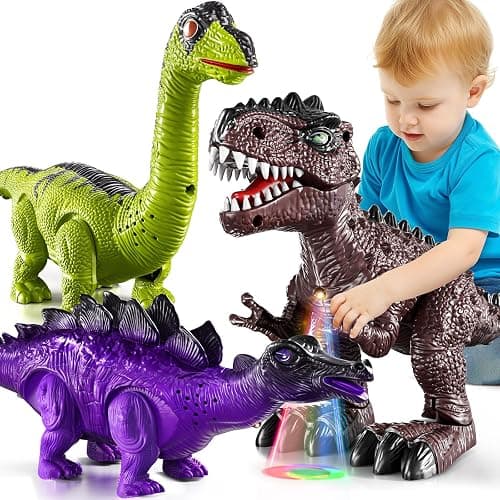 TEMI 3 Pack Electrical Walking Dinosaur Toys for Toddlers 3-4 3-5 Years with Sound and Light Up, Toddler Robot Dinosaur, Brachiosaurus, Stegosaurus Dinosaur Figures for Kids thumbnail 4