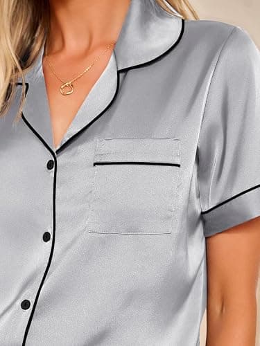 LILLUSORY Silk Satin Pajama Set for Women 2 Piece Lounge Pjs Winter Matching Summer Sleepwear Button Down Shirt Shorts thumbnail 5