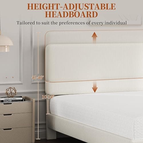 Yaheetech Queen Bed Frames with Adjustable Headboard, Chenille Fabric Upholstered Headboard/Platform Bed, Queen Size Bed Frame No Box Spring Needed/Wood Slats Support/Easy Assembly/Beige thumbnail 4