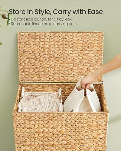 SONGMICS Laundry Hamper 2 Sections, 34.3 Gal. (130 L) Handwoven Water Hyacinth Wicker Laundry Basket with Lid, Natural Material, Removable Machine Washable Liners, Handles, Natural ULCB202Y01 thumbnail 5