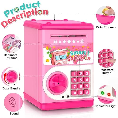 Pink Piggy Bank for Kids with Password Code Lock and Auto Grab Bill Slot, PhilaeEC Real Money Cash Coin Can Saving Box Electronic Money Safe Bank, Hot Gift for 4 7 8 9 10 11 Year Old Boys Girls thumbnail 5