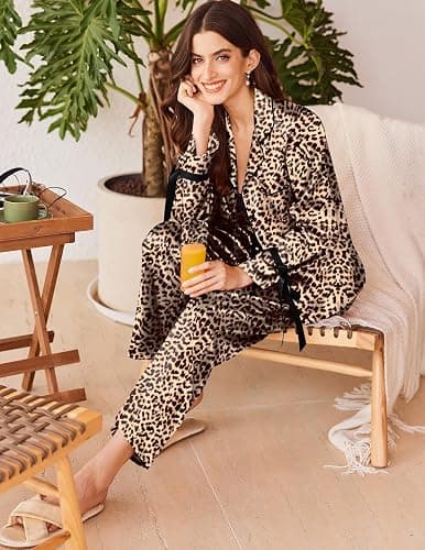 Ekouaer Women Classic Button Down Long Satin Pajamas Set,Bow Tie Silky Cute Pjs Sets Fancy Loungewear thumbnail 4