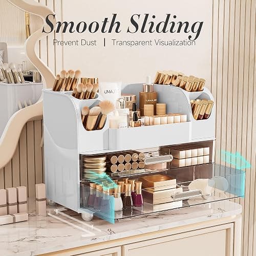 Delamu Makeup Organizer Countertop with 6 Brush Holder, Bathroom Countertop Organizer with 2 Large Drawers, Cosmetic Display Case for Vanity, Ideal Christmas Gifts for Women Girls, Light White thumbnail 4