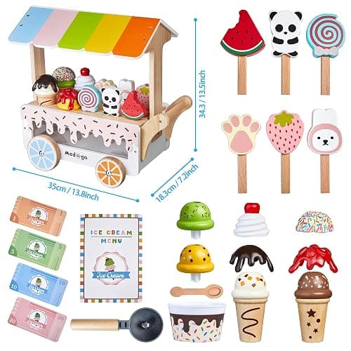 Carrello per Gelato in Legno Con Giocattoli, Camion di Cibo per Fingere di Giocare, Accessori da Cucina Con Ghiacciolo, Paletta e Menù, Regalo per Ragazze thumbnail 3