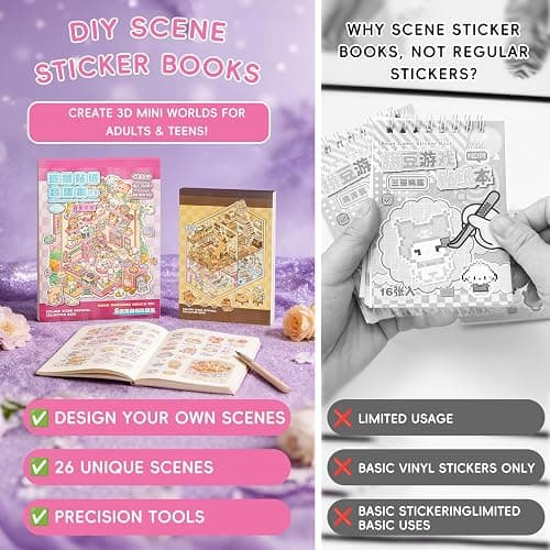 WEINSYT 3D Sticker Scene Book for Adults - 2-Book Set Cute Sticker Books with Scenes, DIY Miniature Scene Sticker Books, Stress Relief Activity Kit with Tweezers & Clips Included thumbnail 4