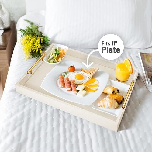 ATZYmolin 17" x 12" Wood Serving Tray with Gold Polished Metal Handles, Home Decorative Wooden Rectangle Ottoman Leather Decor Platter Bathroom Vanity Tray for All Occasions White thumbnail 4