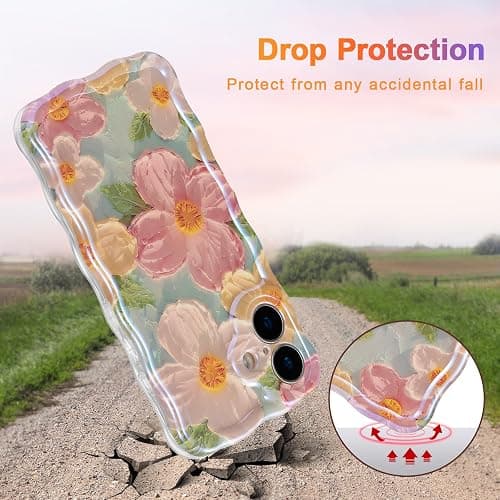 EYZUTAK Case for iPhone 16, Colorful Retro Oil Painting Printed Flower Laser Glossy Pattern Cute Curly Wave Edge Exquisite Phone Cover Stylish Durable TPU Protective Case for Girl Women-Green - iPhone 16 - Green thumbnail 3