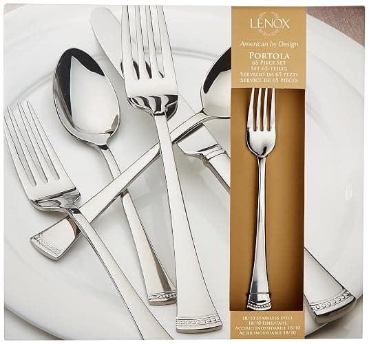 Lenox Silverware Set For 12, Portola 65-Piece Flatware Set with Serving Utensils, Service For 12, 18/10 Stainless Steel Flatware, Dishwasher Safe, Knives Spoons and Forks (Silver, 65 pieces) thumbnail 4