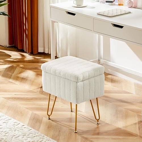 Sweetcrispy Vanity Stool Chair with Storage, Ottoman Faux Fur Soft Padded Makeup Footstools Seat with 4 Metal Legs Anti-Slip Adjustable Feet Modern Cute Small Footrest for Home Entryway Bedroom White thumbnail 2