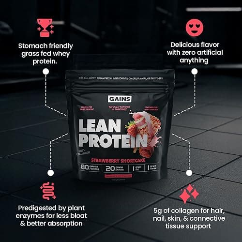 Gains in Bulk Lean Grass Fed Whey Protein Powder With Collagen Peptides, Gluten Free, 20 G Protein & 5 G Collagen, Plant Enzymes to Support Digestion, Natural Flavor, Strawberry Shortcake, 27 Servings thumbnail 2