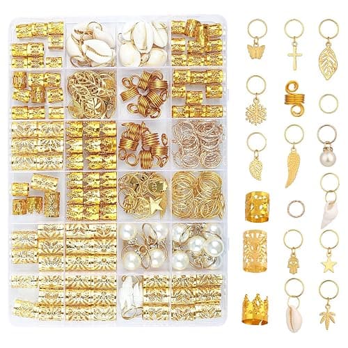 WLLHYF 230 Stück Haarschmuck für Zöpfe Loc-Haare Dreadlocks Metall-Haarspulen Ringe Manschetten Clips goldene Haar-Charms Anhänger Haar-Styling-Zubehör Dekorationen für Frauen und Mädchen - Image 1