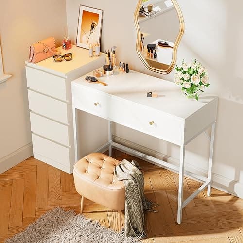 SUPERJARE 39.4" White Desk with 2 Drawers, Modern Makeup Vanity Desk, Small Computer Desk Home Office Desk for Writing Study Bedroom thumbnail 5