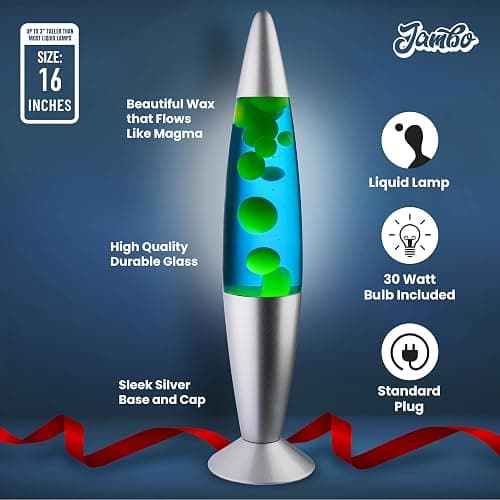 JAMBO 16" Beautiful Lamp- Blue with Yellow/Green Wax, Relaxing Liquid Light, Night Light Nightlight, Home Decor Living Room Office Bedroom Lamp for Adults Teens Kids, Magma Motion - Silver Base, Blue Liquid, Yellow Wax - 16" thumbnail 5