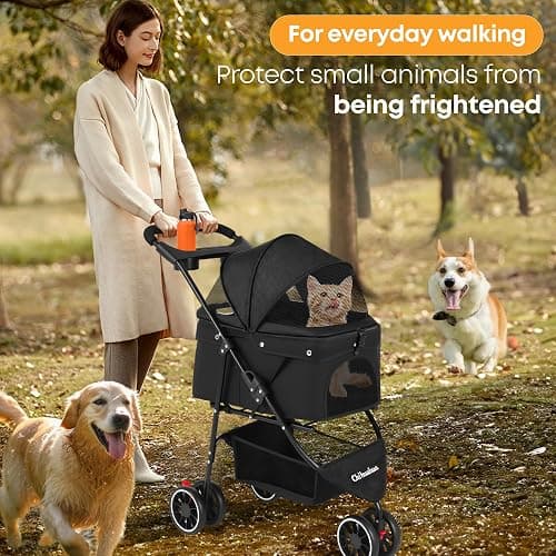 Pet Stroller,Dog Stroller for Small Medium Dogs Cats,3 Wheels,Foldable,with Breathable Mesh Canopy,Cup Holders,Easy Assembly,Black thumbnail 6