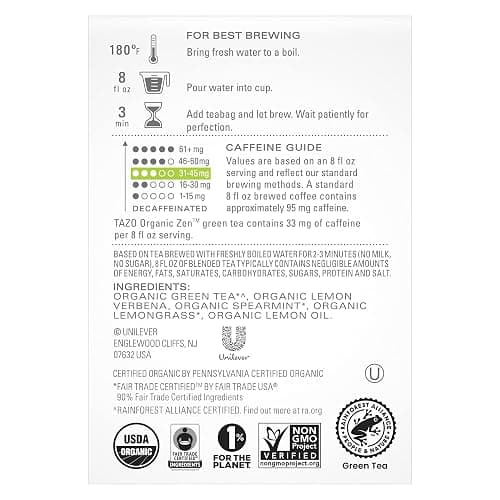 TAZO Organic Zen Green Tea Bags, Caffeine Free Tea with Refreshing Lemongrass & Spearmint, 144 Total Tea Bags (36ct - Pack of 4) thumbnail 2