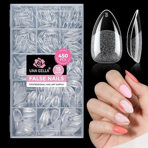 UNA GELLA Short Almond Nail Tips 450PCS Fake Acrylic Nail Tips | 15 Sizes Soft Pre-shape Press On Nails Almond Full Cover Nails Extension Home DIY Salon - Image 1