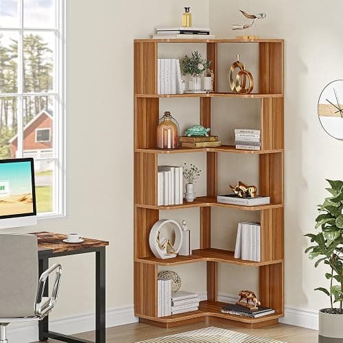 LITTLE TREE 6-Shelf Corner Bookshelf, 65” Tall L Shaped Bookcase, 6-Tier Industrial Corner Shelf Storage Display Rack for Living Room Home Office, Wood Grain Walnut thumbnail 9