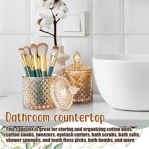Aoriher 4 Pcs Crystal Glass Candy Jar Set with Lids Home Decorative Storage Jars for Apothecary, Bathroom, Kitchen, and Pantry, Ideal for Cotton Swabs and Jewelry(Medium,Amber) thumbnail 5