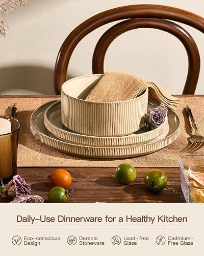 Stoneware Dinnerware Sets, Handcrafted Double Reactive Glaze Plates and Bowls for Everyday & Formal Dining, Microwave & Dishwasher Safe, Scratch Resistant Dishes Service for 4 (12-Piece), Cream thumbnail 4