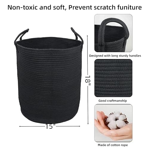 XUANGUO Black Cotton Rope Laundry Basket Hamper for Clothes Woven Storage Basket for Living Room Bedroom Boho Tall Rope Baskets for Blanket Toys Pillow Towels Baby Nursery Hamper Bin Large thumbnail 3