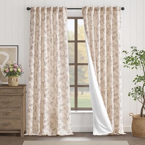 Lazzzy Farmhouse Linen Taupe Floral Curtains 96 Inch Long Back Tab Drapes for Living Room Bedroom Light Filtering Country Vintage Rod Pocket, 2 Panels, Taupe on Beige thumbnail 2