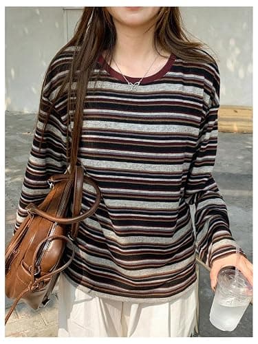 RoseSeek Women's Trendy Striped Long Sleeve T Shirts Casual Color Block Crew Neck Drop Shoulder Streetwear 2025 Fall Tops thumbnail 5