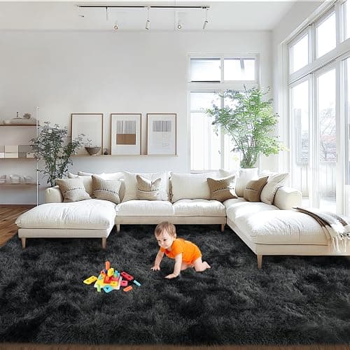 Mugorn Area Rugs 9x12 Living Room, Large Fluffy Rugs for Bedroom, Soft Carpet Shag Kids Room Rug, Non-Slip Fuzzy Rugs Indoor (Black Grey Tie-Dyed, 9ft x 12ft) - Image 1